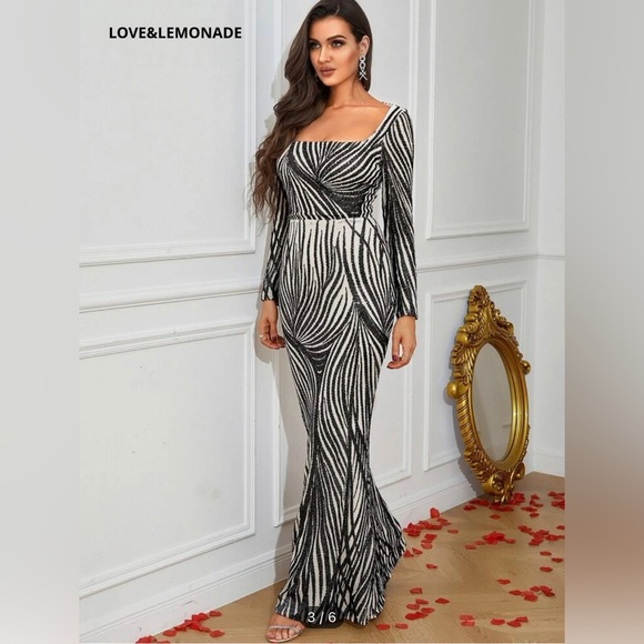 Square Neck Mermaid Dress Long Sleeve Maxi Evening Prom Dress - Picture 1 of 6